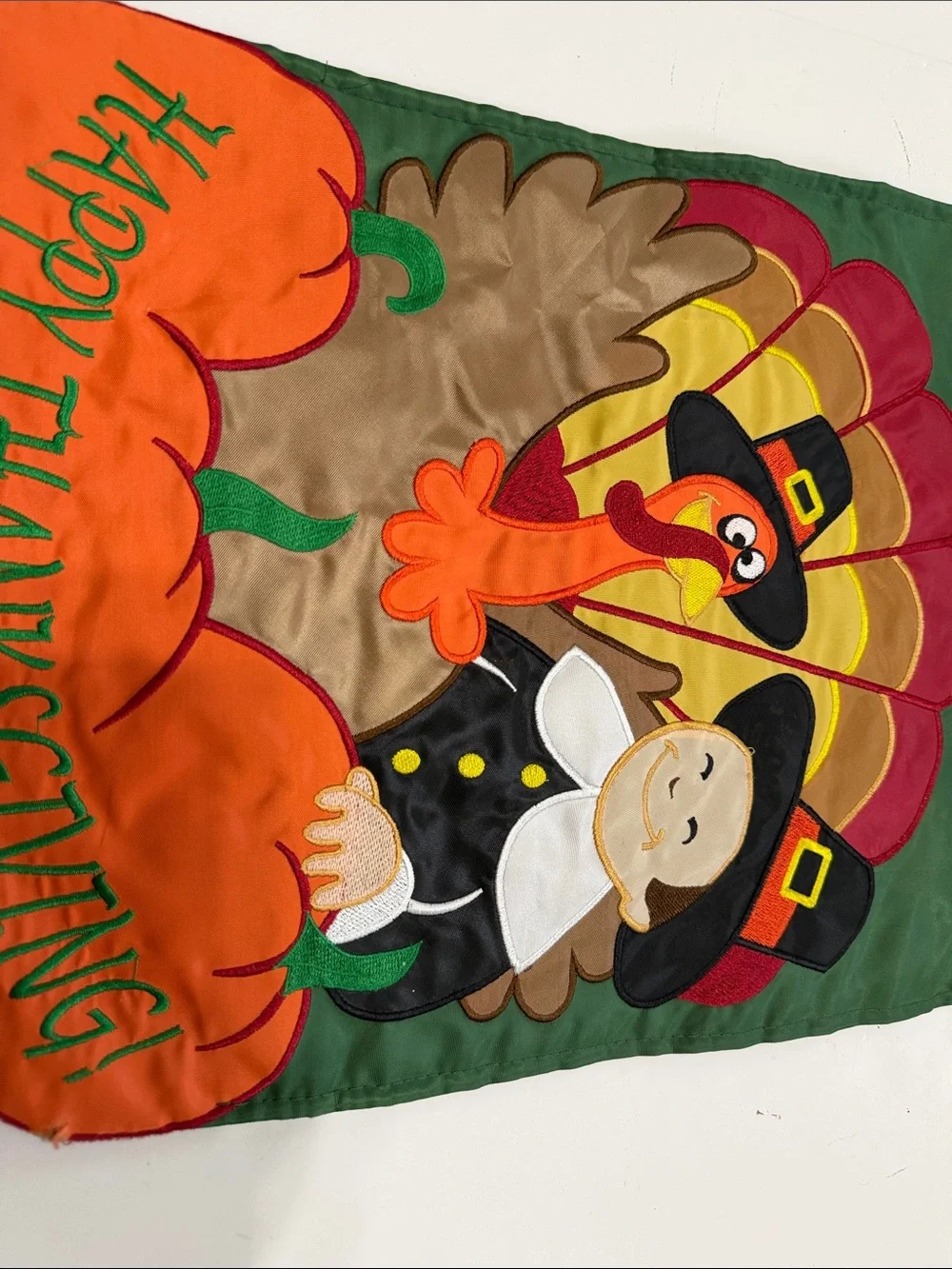 Happy Thanksgiving Garden Flag - Green Background with Orange Pumpkins